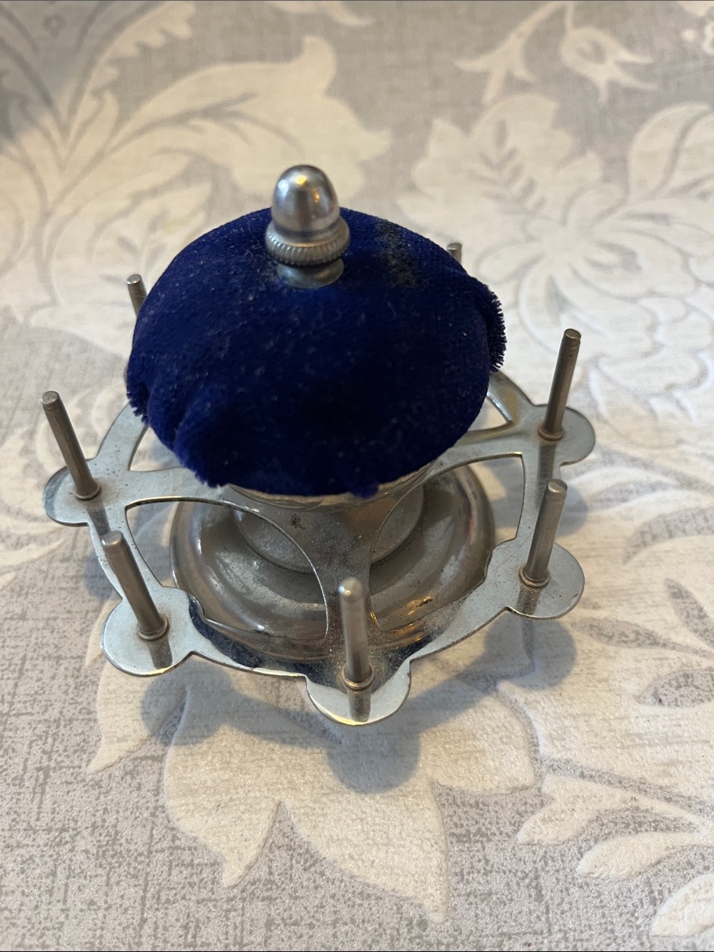Antique Carousel Pin Cushion with Deep Navy Velvet Top